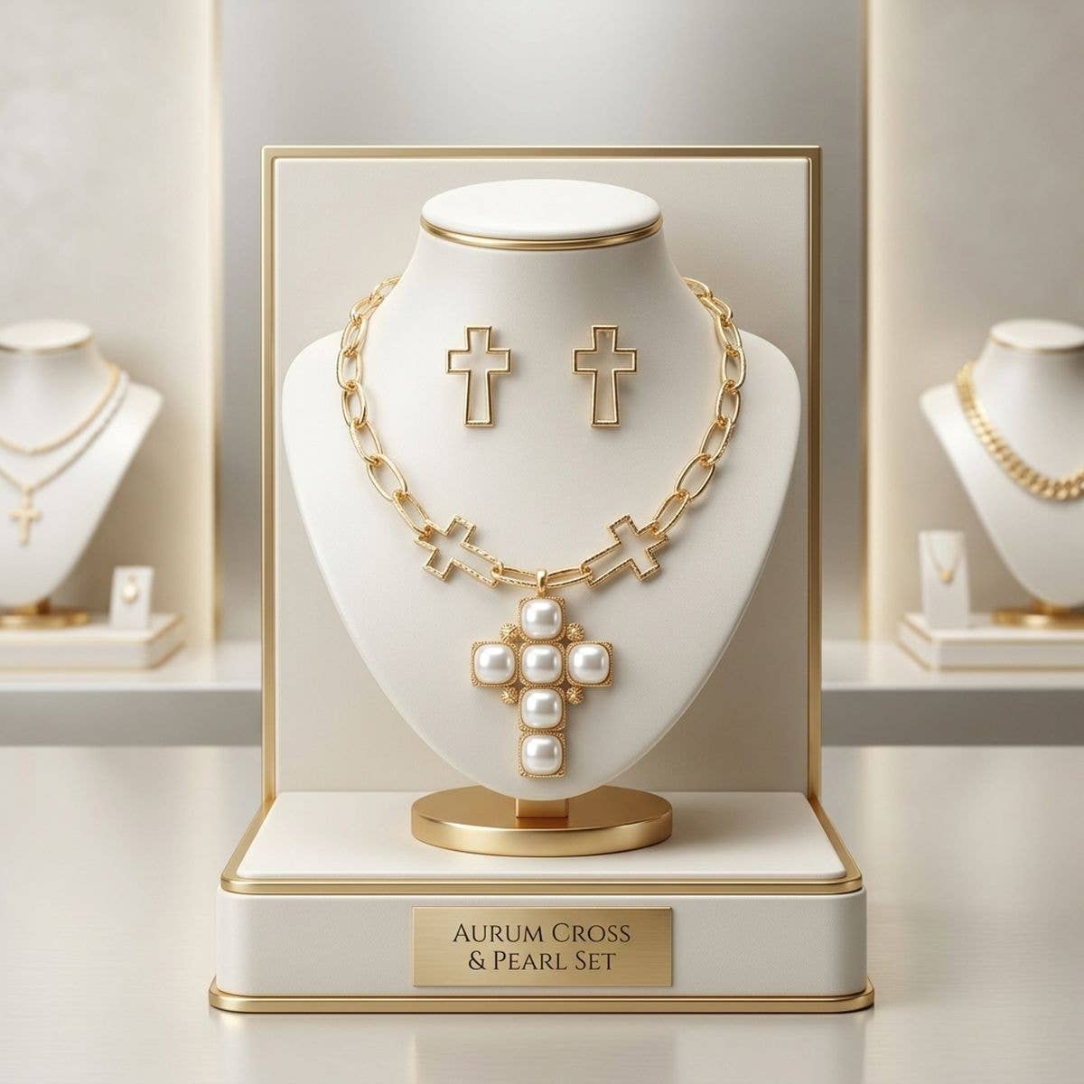 Cream Pearl Cross Pendant Gold Chain Necklace