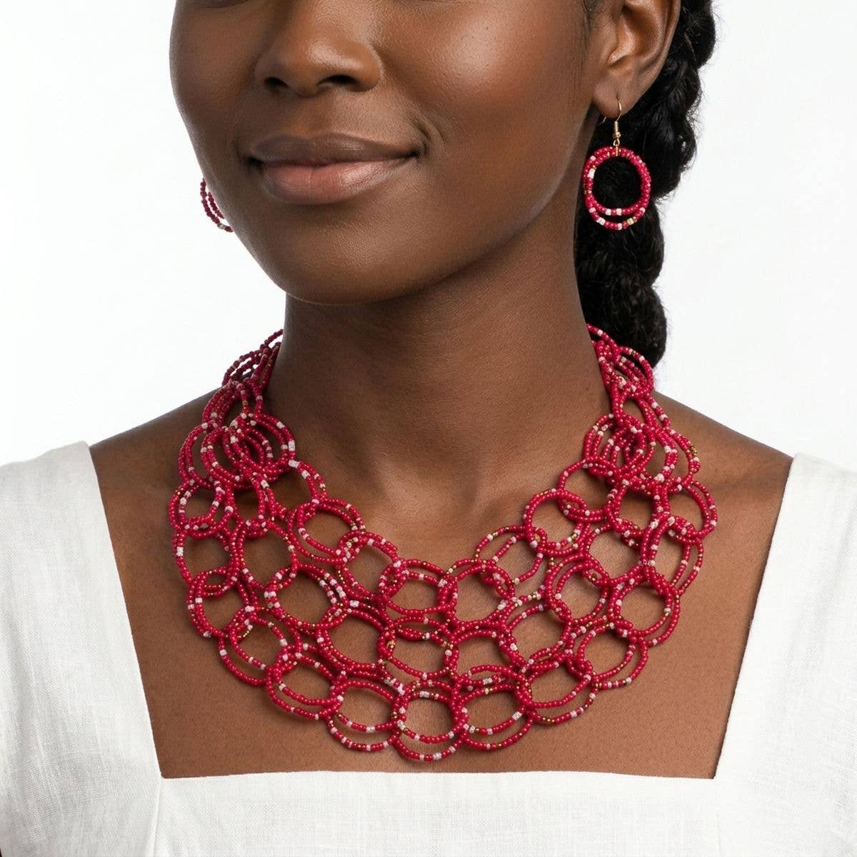 Bib Fuchsia Seed Bead Links Triple Layer Necklace