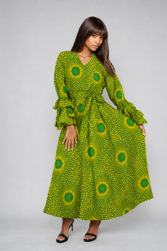 1624-293 Women's 100% Cotton African Wax Print Wrap Maxi Dress with Matching Head Wrap