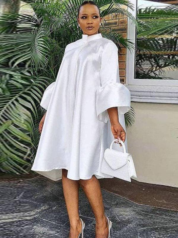Urban Buttoned Solid Color Stand Collar Flared Sleeve Loose Mini Dress