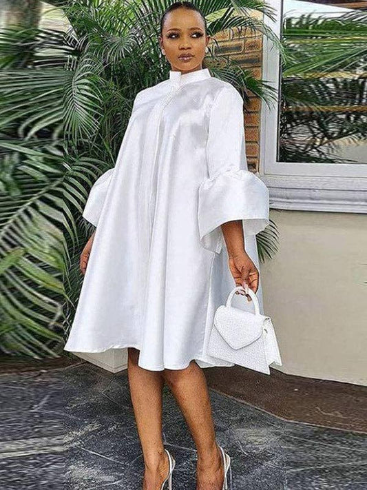 Urban Buttoned Solid Color Stand Collar Flared Sleeve Loose Mini Dress