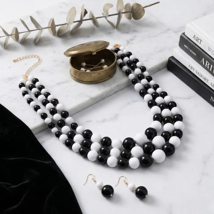 Black White Ball Bead Necklace Layered 3 Strand