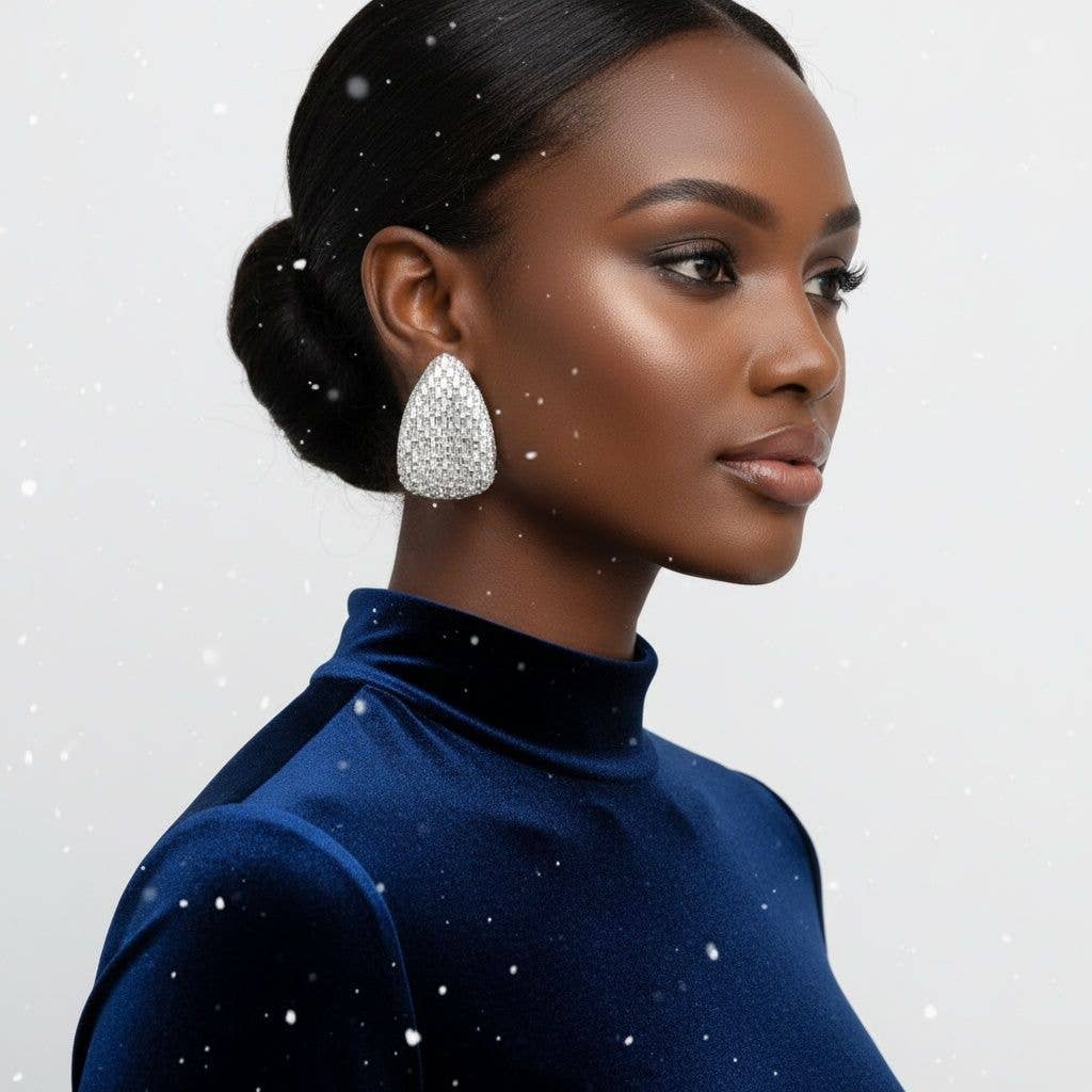Stud Oversized Domed Teardrop Silver Stone Earrings