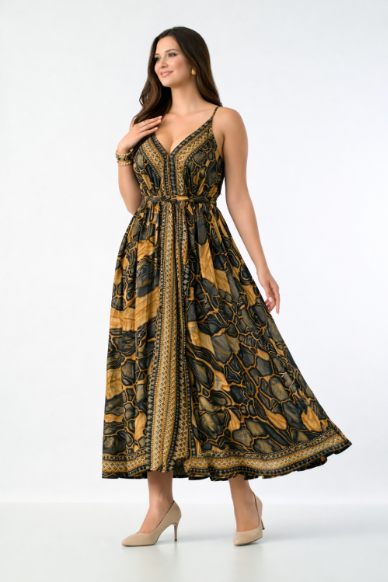 AB-16123  Geometric Print Maxi Dress with V-Neck & Adjustable Straps