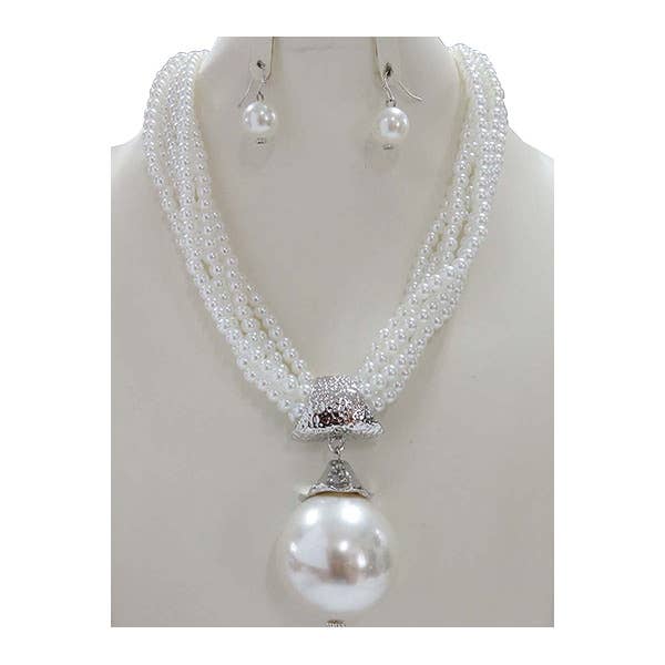 White Multi-Strand Pearl Necklace & Round Drop Earring Set