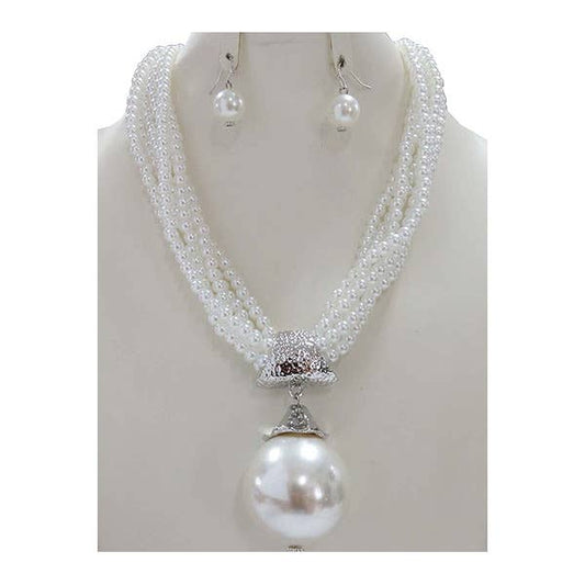 White Multi-Strand Pearl Necklace & Round Drop Earring Set