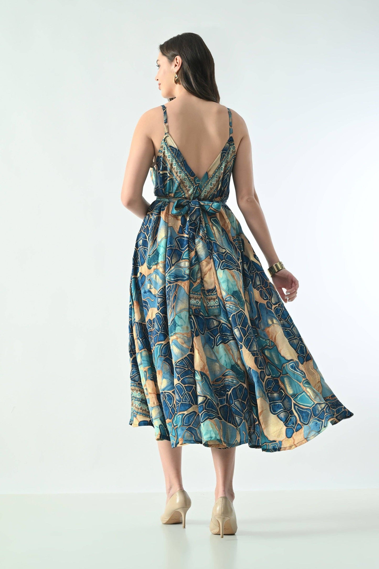 AB-16123  Geometric Print Maxi Dress with V-Neck & Adjustable Straps