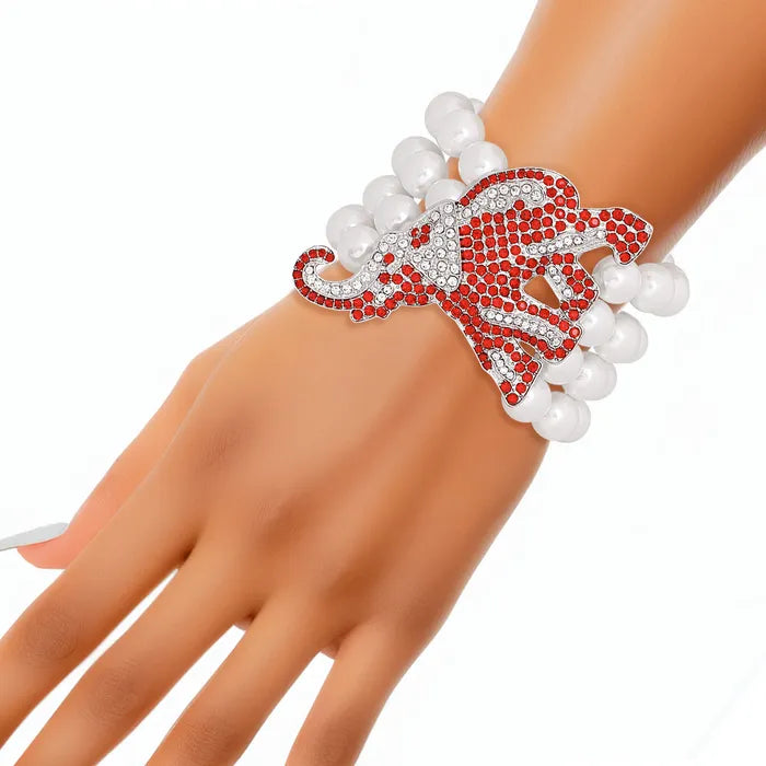 DST Red White Pearl 4 Strand Elephant Bracelet