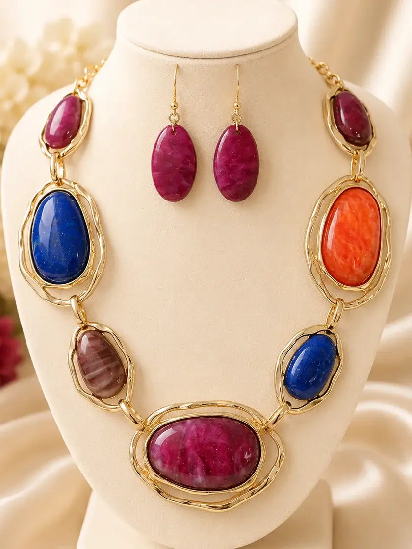Multi Color Stone Statement Necklace Set