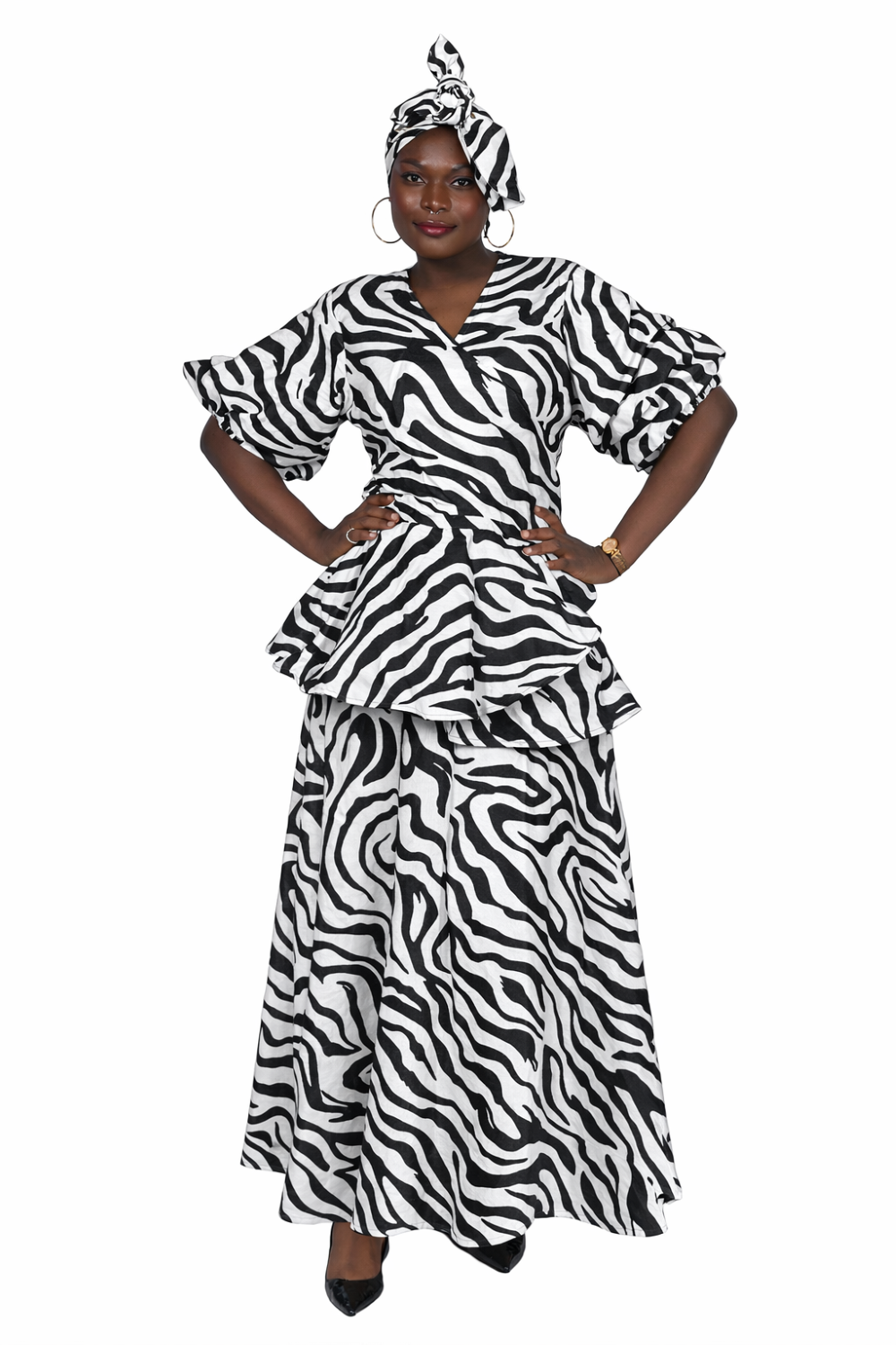 AS-25072-B093 Zebra Print Faux Silk Peplum & Maxi Skirt Set