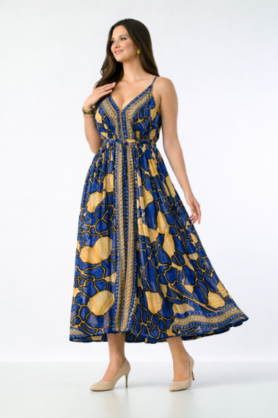 AB-16123  Geometric Print Maxi Dress with V-Neck & Adjustable Straps