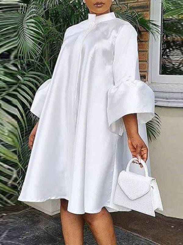 Urban Buttoned Solid Color Stand Collar Flared Sleeve Loose Mini Dress