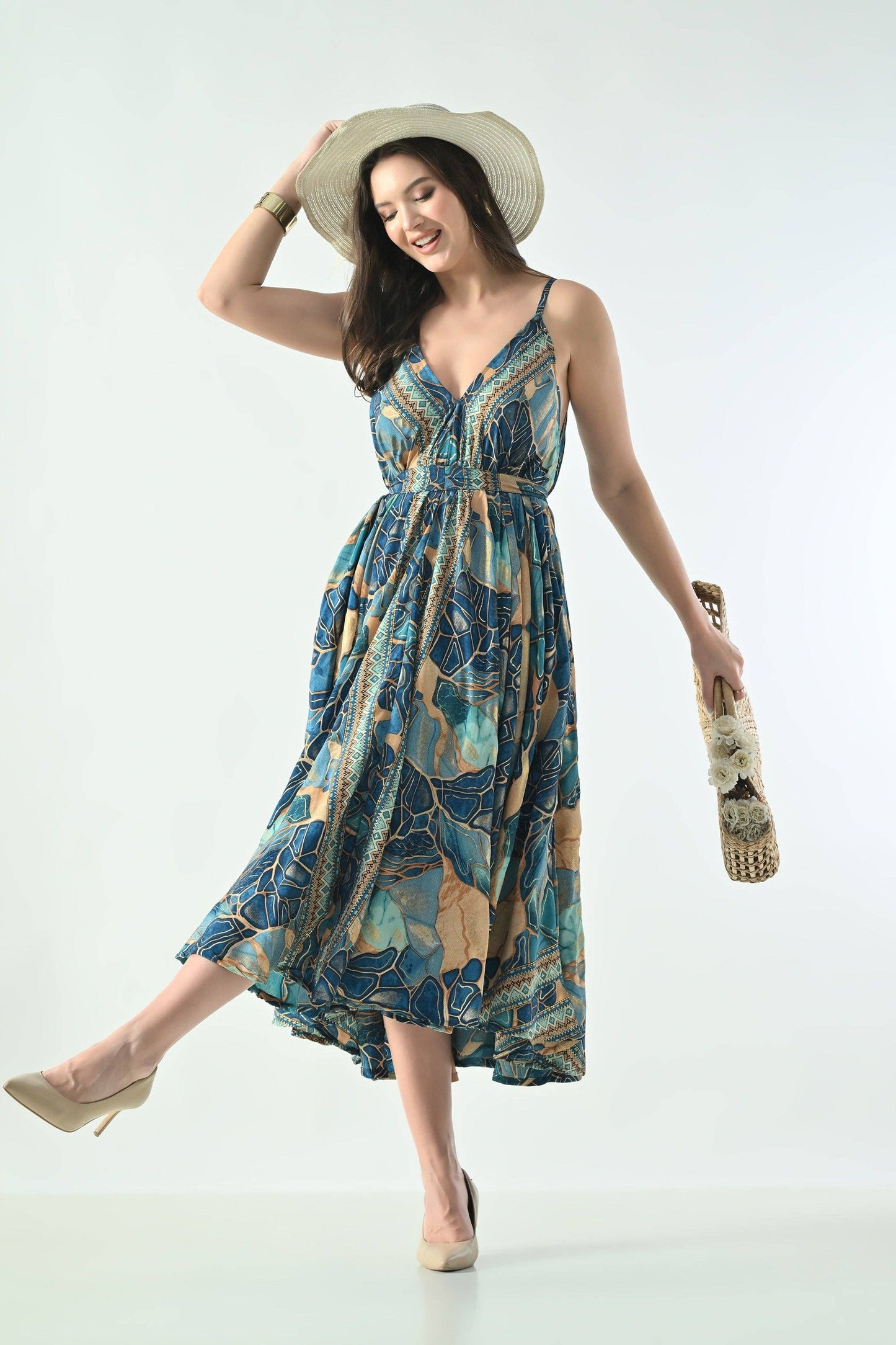 AB-16123  Geometric Print Maxi Dress with V-Neck & Adjustable Straps