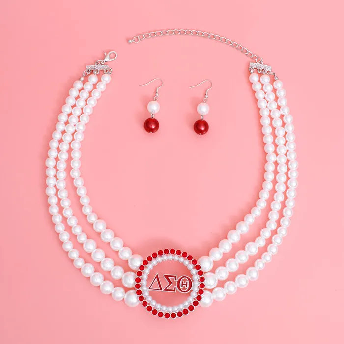 Pearl Necklace Red White Delta Soror Set